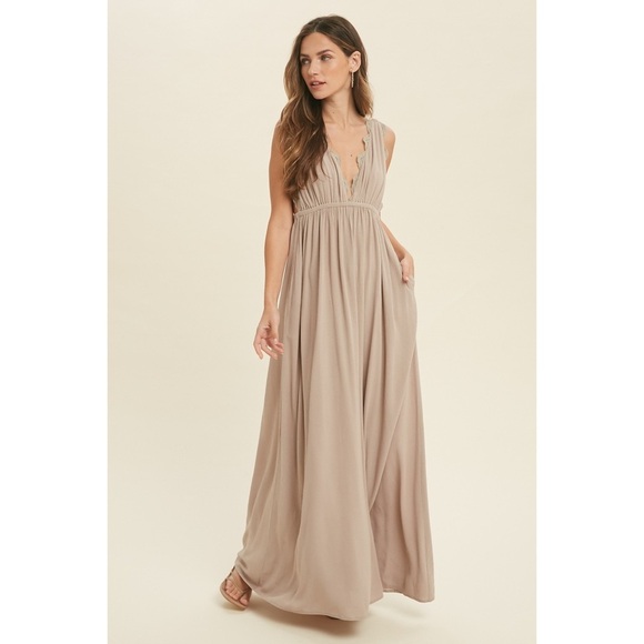 Scallop Lace Trim Detail with Low Back Maxi Dress in Stone color